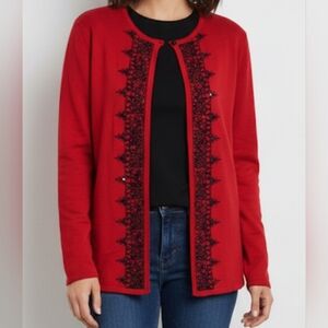 Alfred Dunner Women’s Large (L)Faux 2 Pc Red Cardigan W/black Sequins/embroidery